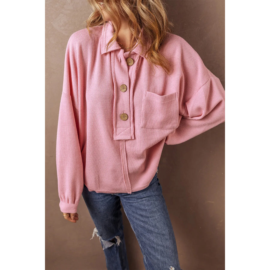 Half Button Long Sleeve Top Blush Pink / S Apparel and Accessories