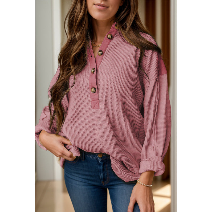 Half Button Long Sleeve Top Dusty Pink / S Apparel and Accessories