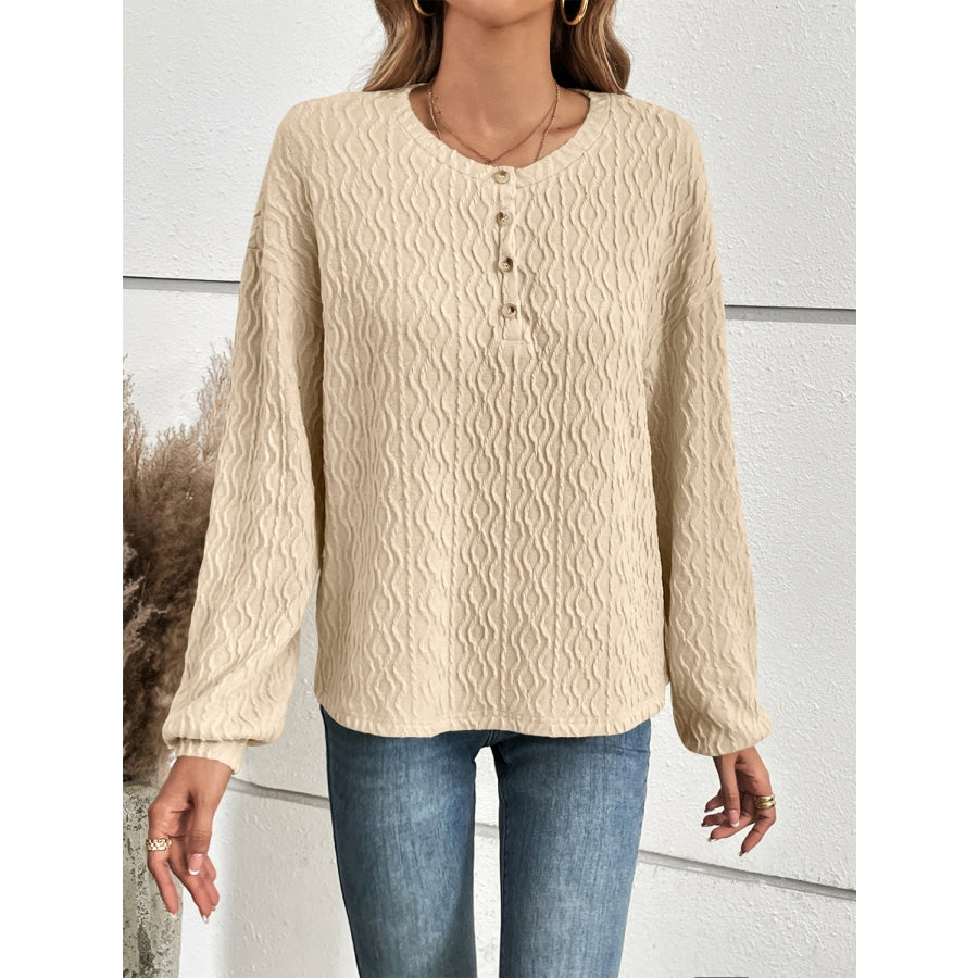 Half Button Long Sleeve Top Ivory / S