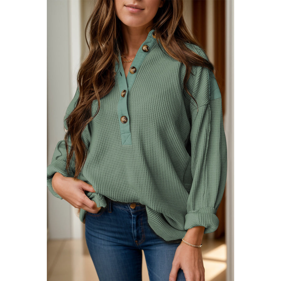 Half Button Long Sleeve Top Sage / S Apparel and Accessories