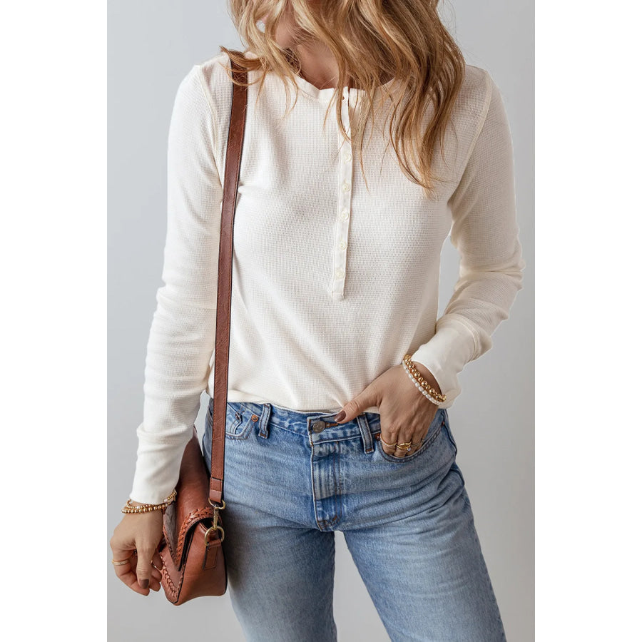 Half Button Long Sleeve Top White / S Apparel and Accessories