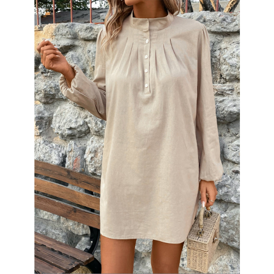 Half Button Mock Neck Long Sleeve Mini Shirt Dress Apparel and Accessories