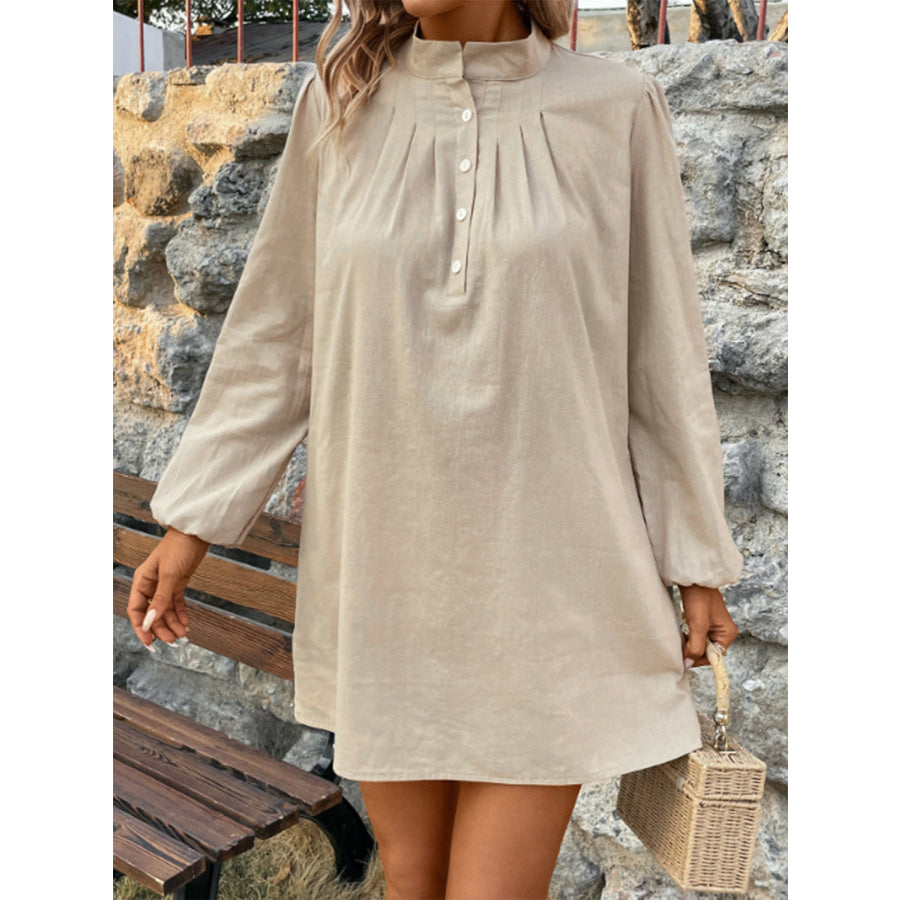 Half Button Mock Neck Long Sleeve Mini Shirt Dress Apparel and Accessories