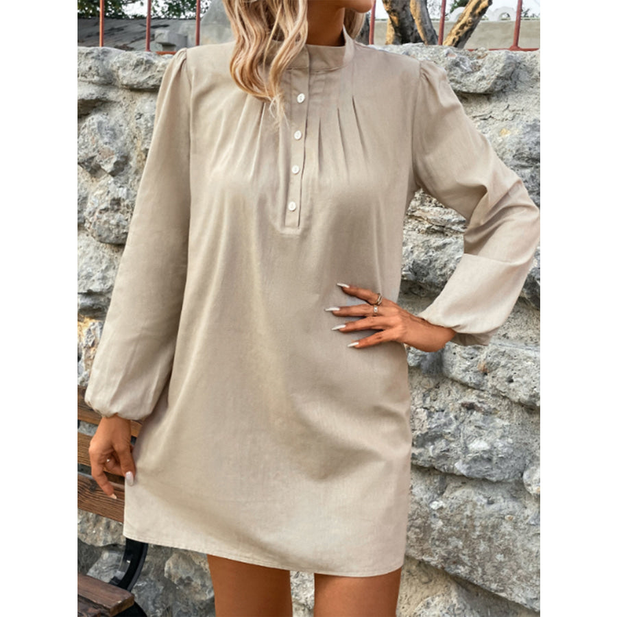 Half Button Mock Neck Long Sleeve Mini Shirt Dress Apparel and Accessories