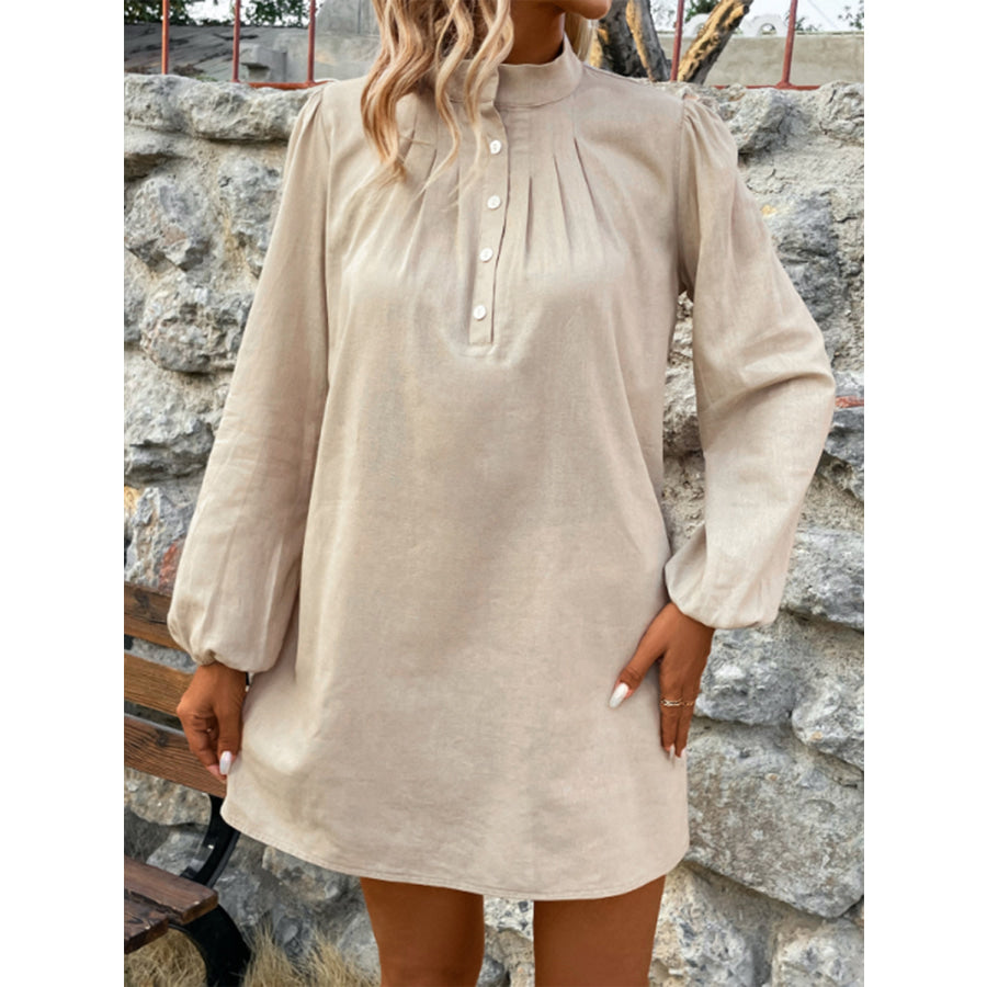 Half Button Mock Neck Long Sleeve Mini Shirt Dress Apparel and Accessories