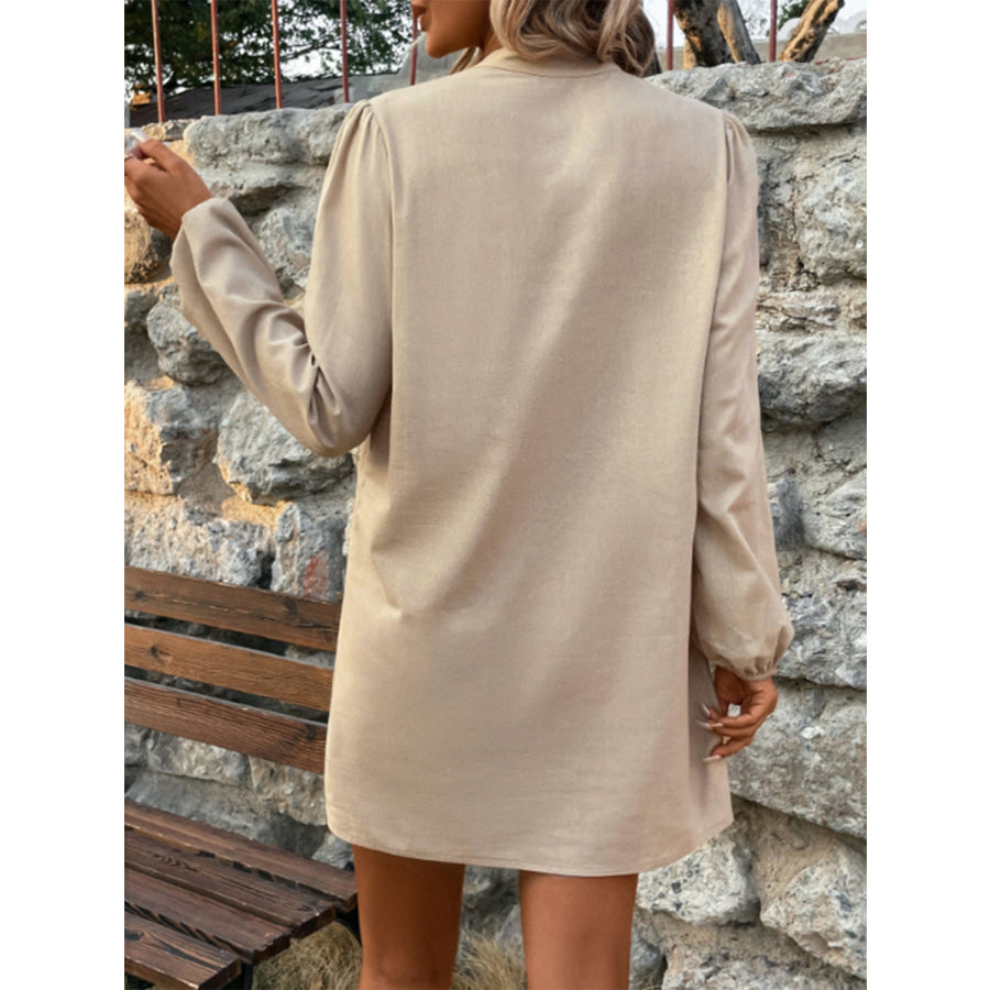 Half Button Mock Neck Long Sleeve Mini Shirt Dress Apparel and Accessories