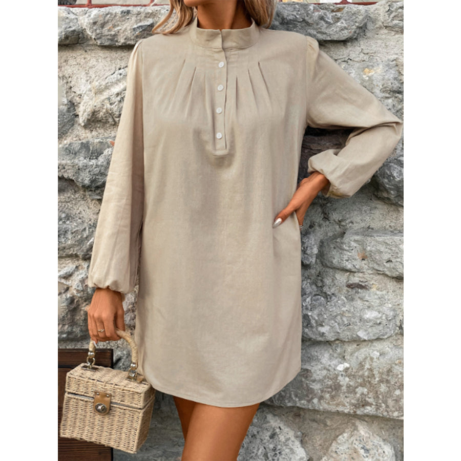 Half Button Mock Neck Long Sleeve Mini Shirt Dress Khaki / S Apparel and Accessories