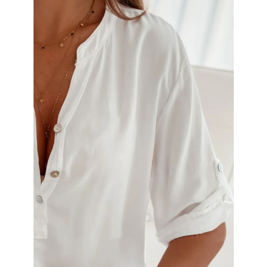 Half Button Notched Half Sleeve Blouse Apparel and Accessories