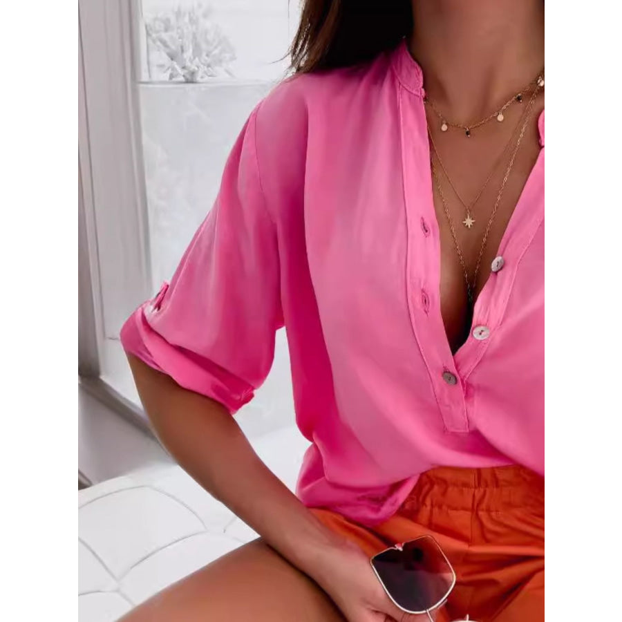 Half Button Notched Half Sleeve Blouse Apparel and Accessories