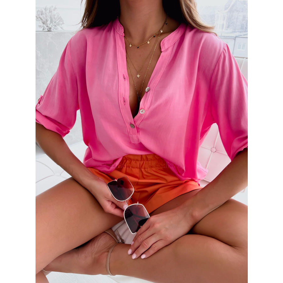 Half Button Notched Half Sleeve Blouse Hot Pink / S Apparel and Accessories