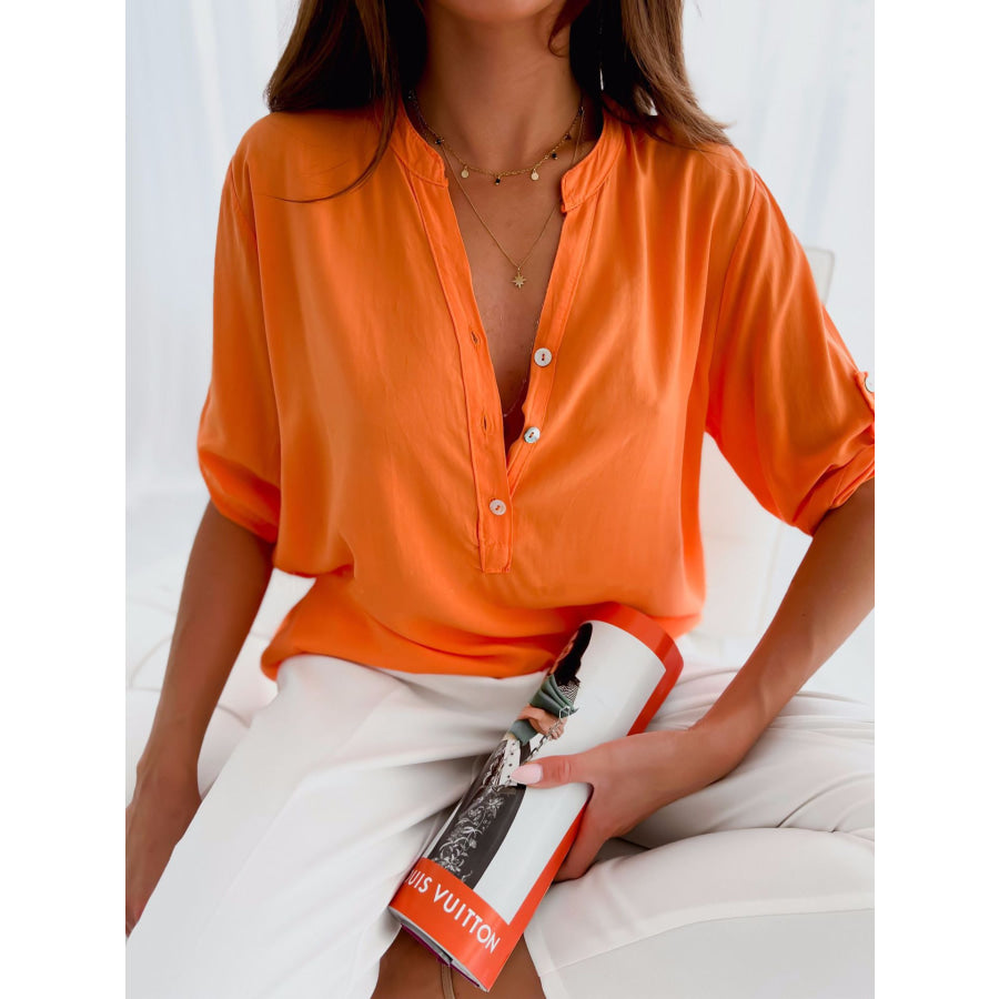 Half Button Notched Half Sleeve Blouse Orange / S Apparel and Accessories