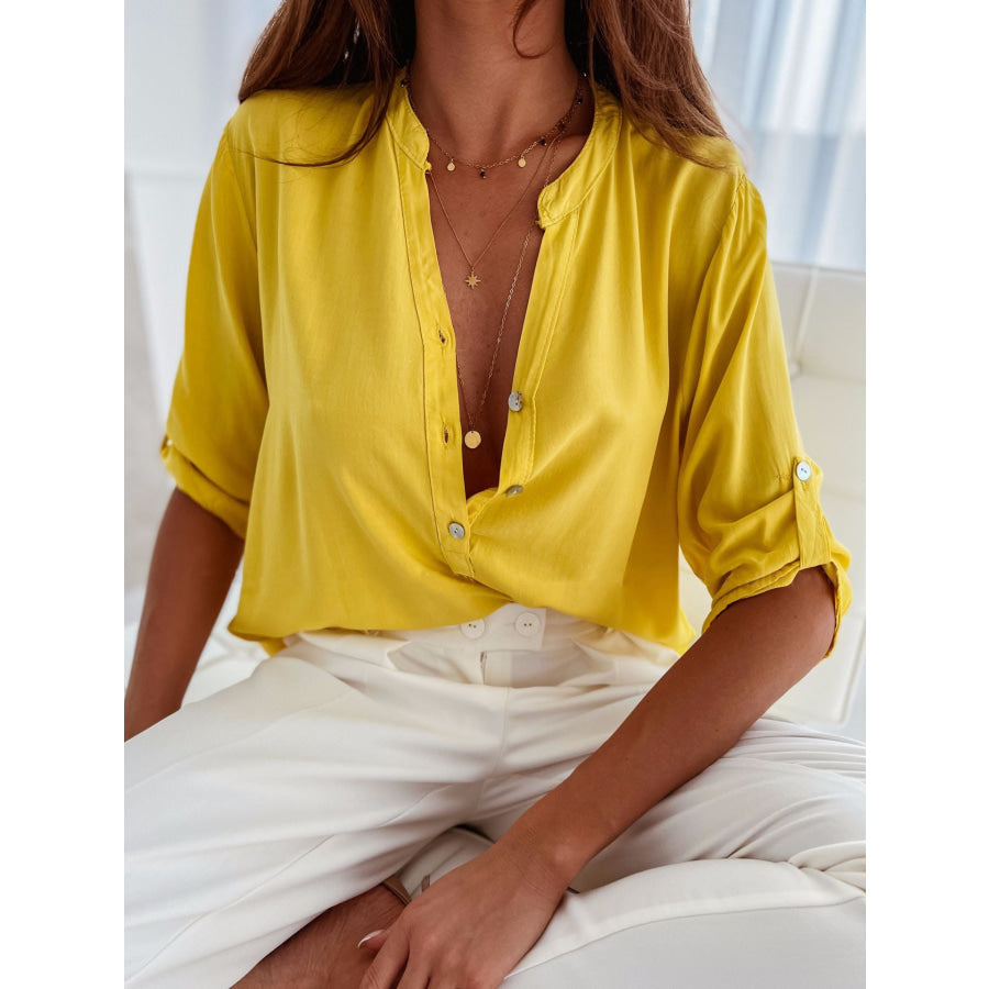 Half Button Notched Half Sleeve Blouse True Yellow / S Apparel and Accessories