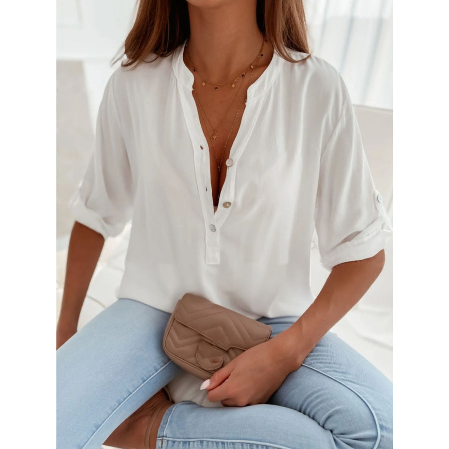 Half Button Notched Half Sleeve Blouse White / S Apparel and Accessories