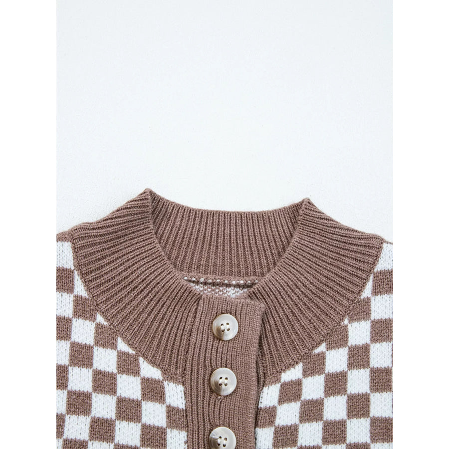 Half Button Ribbed Trim Checkerboard Knit Sweater Apparel and Accessories