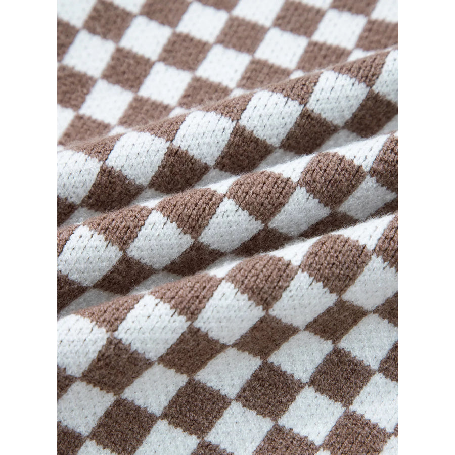 Half Button Ribbed Trim Checkerboard Knit Sweater Apparel and Accessories