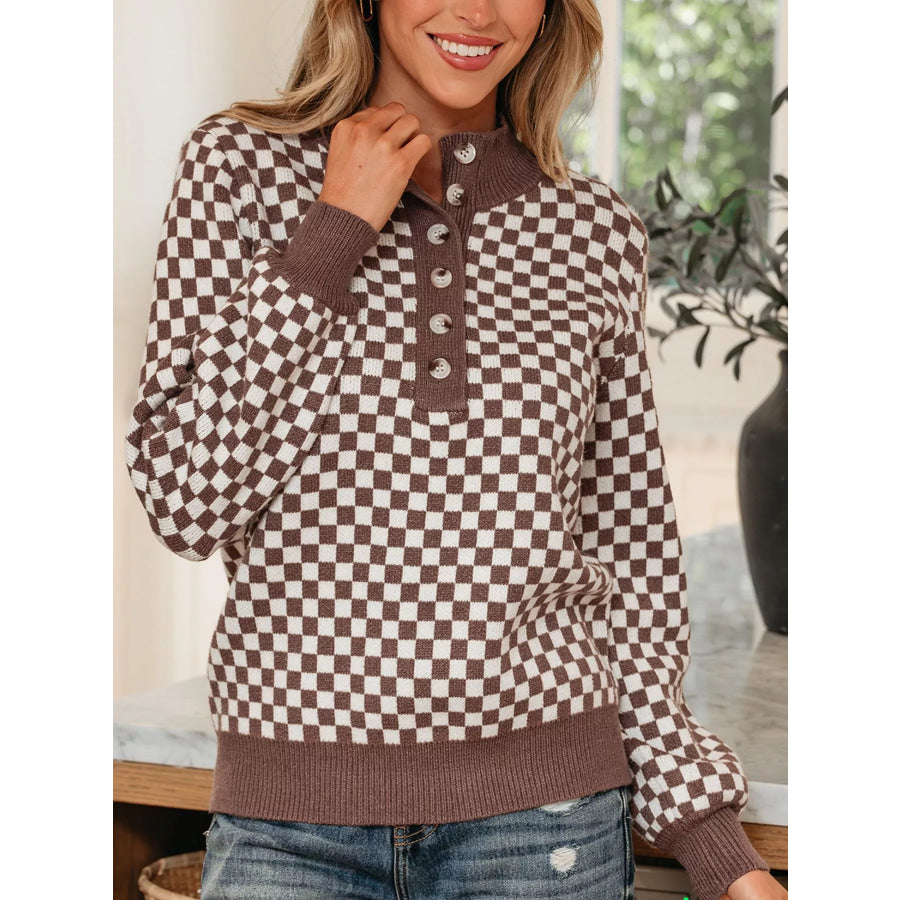 Half Button Ribbed Trim Checkerboard Knit Sweater Apparel and Accessories