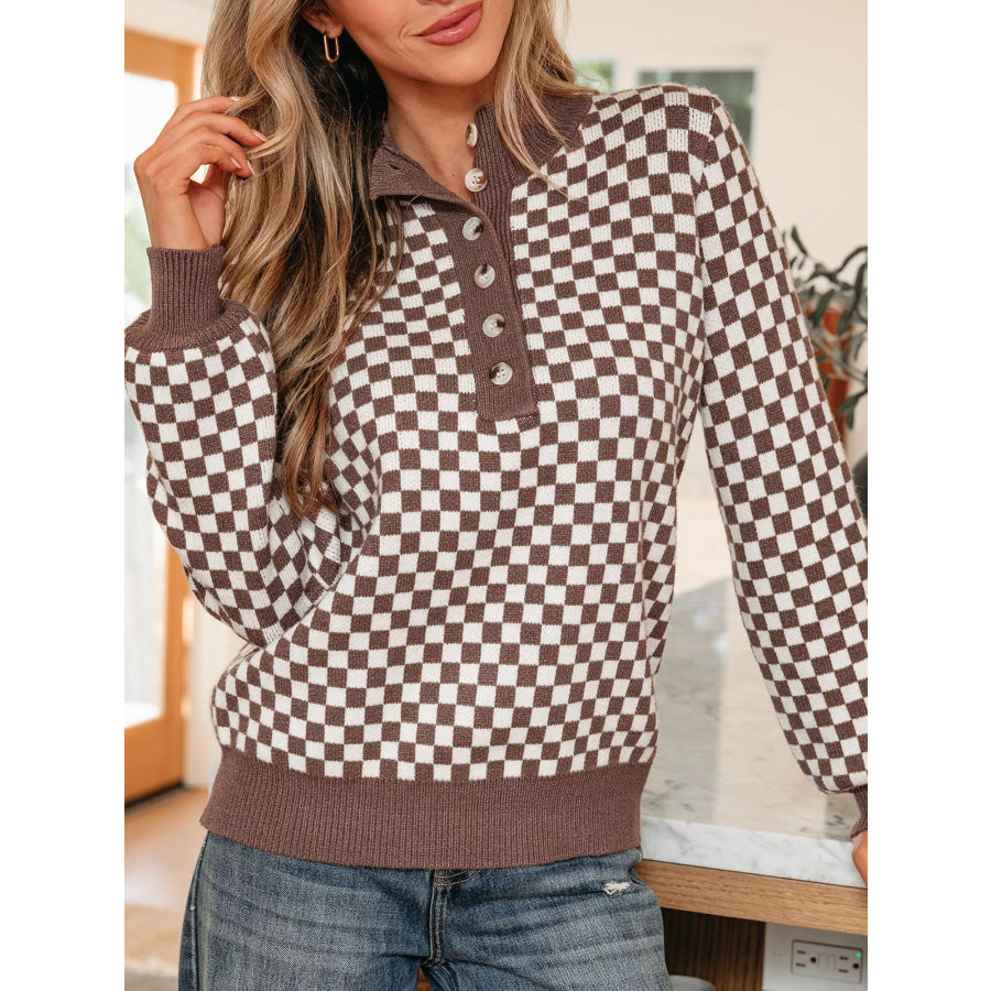 Half Button Ribbed Trim Checkerboard Knit Sweater Apparel and Accessories