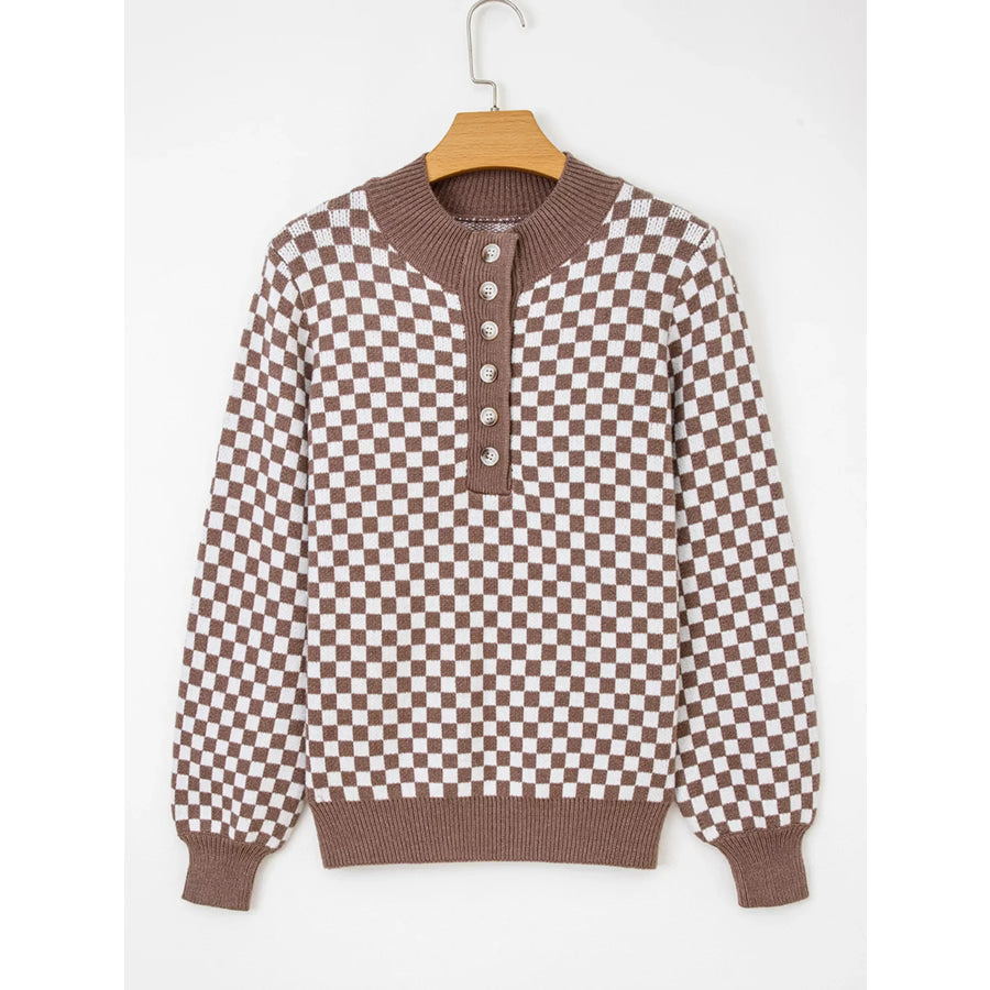 Half Button Ribbed Trim Checkerboard Knit Sweater Apparel and Accessories