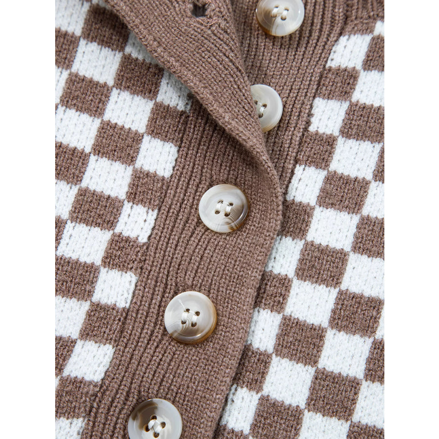 Half Button Ribbed Trim Checkerboard Knit Sweater Apparel and Accessories