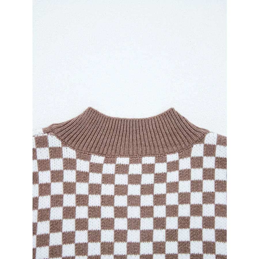 Half Button Ribbed Trim Checkerboard Knit Sweater Apparel and Accessories