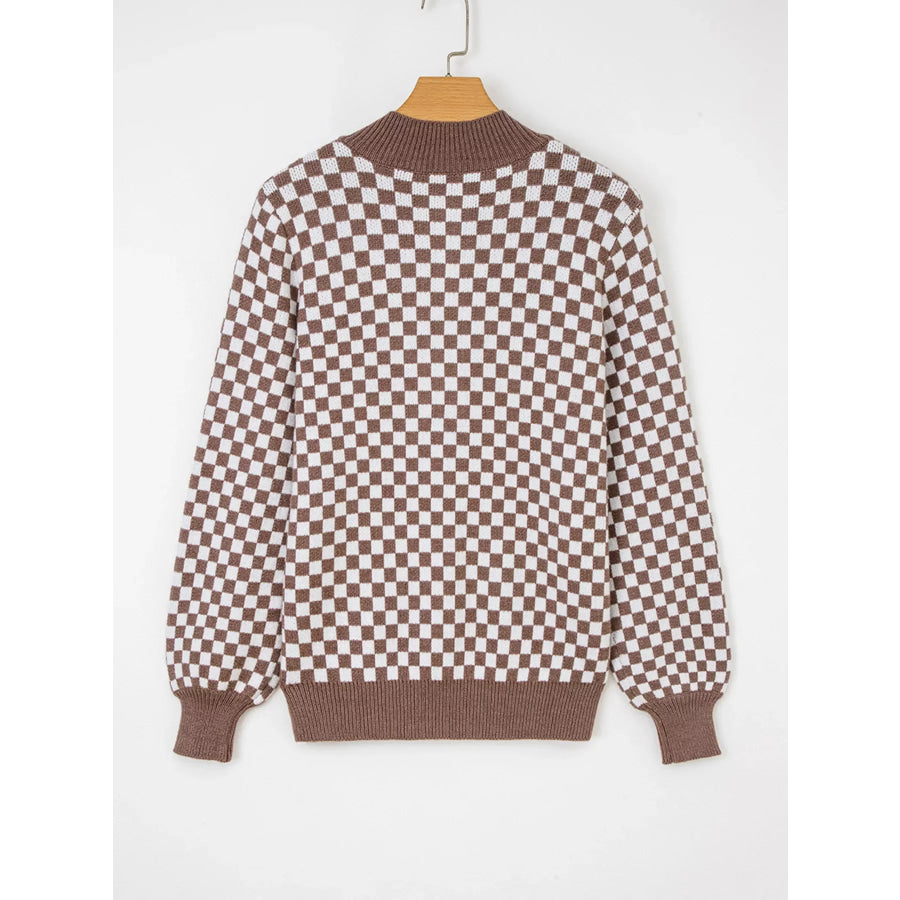 Half Button Ribbed Trim Checkerboard Knit Sweater Apparel and Accessories