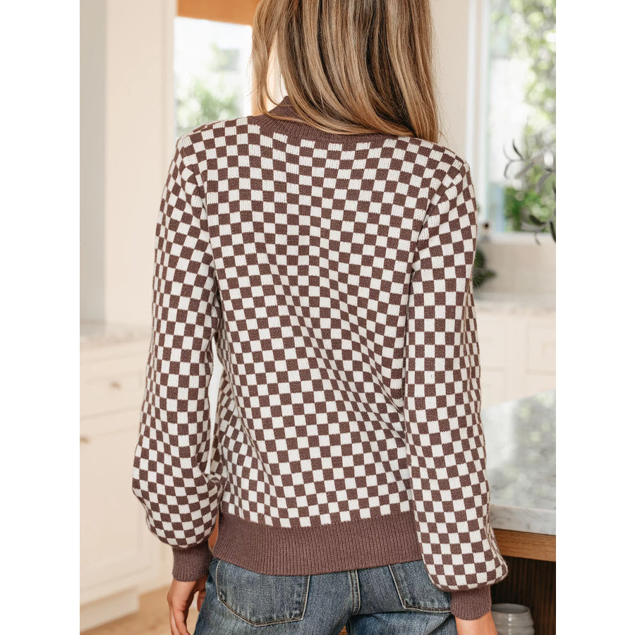Half Button Ribbed Trim Checkerboard Knit Sweater Apparel and Accessories