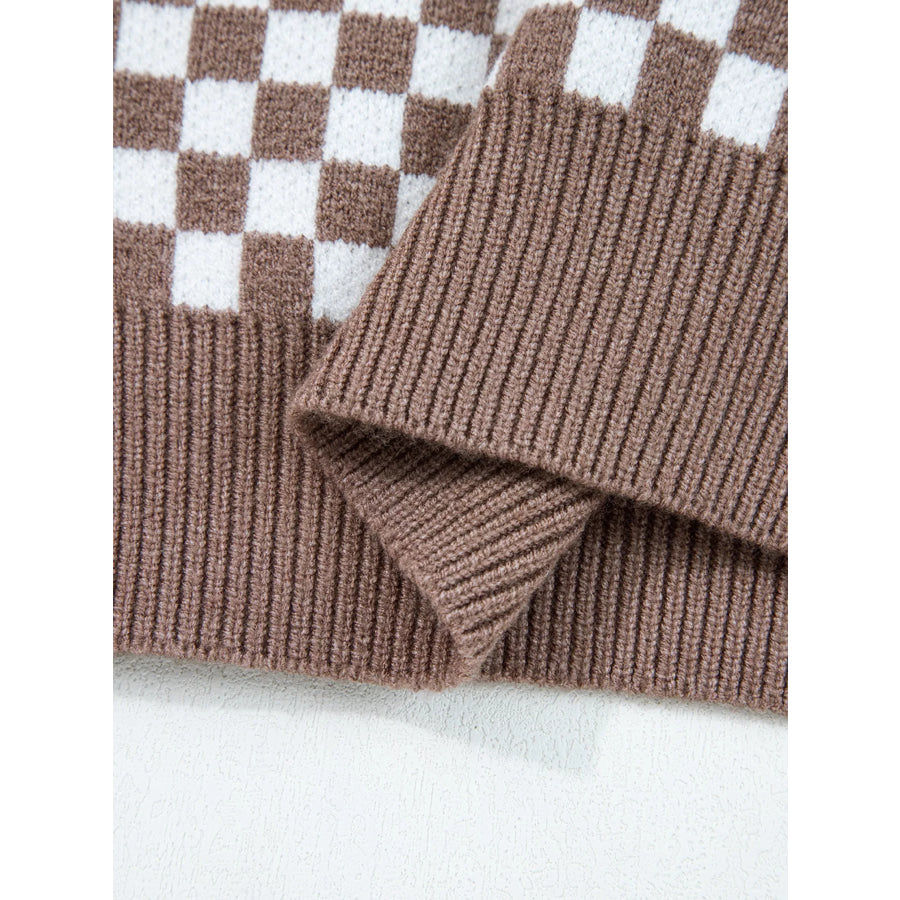 Half Button Ribbed Trim Checkerboard Knit Sweater Apparel and Accessories