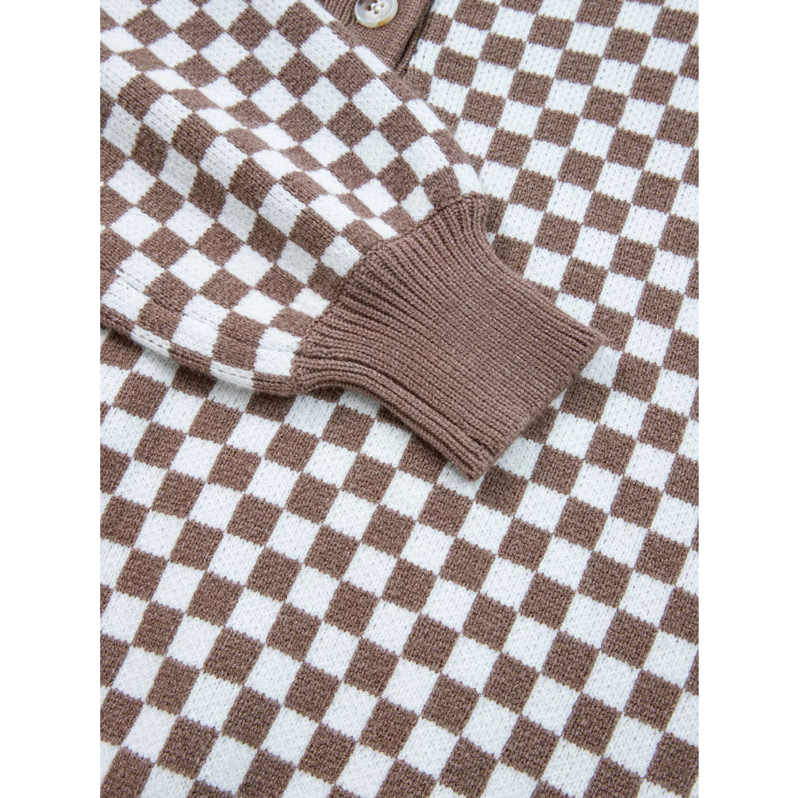 Half Button Ribbed Trim Checkerboard Knit Sweater Apparel and Accessories