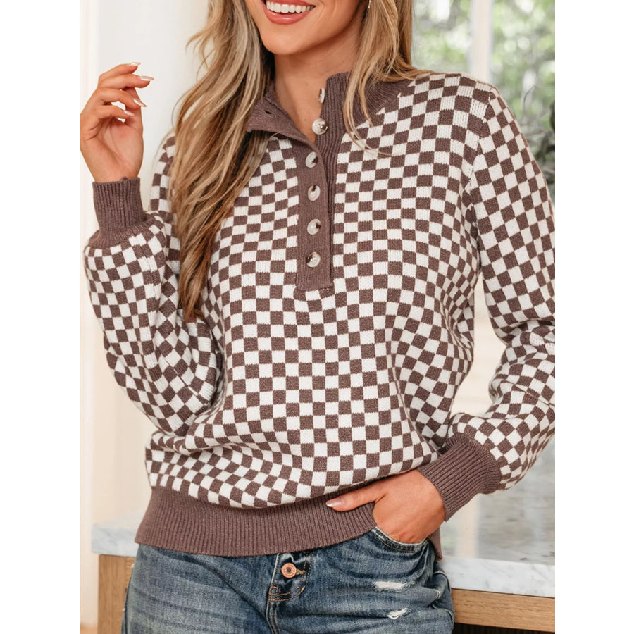 Half Button Ribbed Trim Checkerboard Knit Sweater Mocha / S Apparel and Accessories