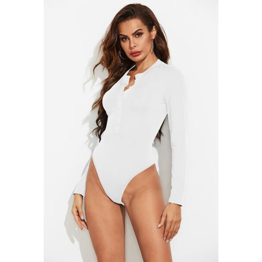 Half Button Round Neck Long Sleeve Bodysuit White / S Clothing