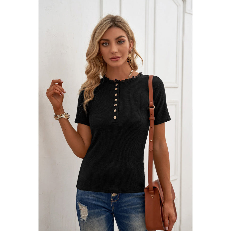 Half Button Short Sleeve Blouse Apparel and Accessories