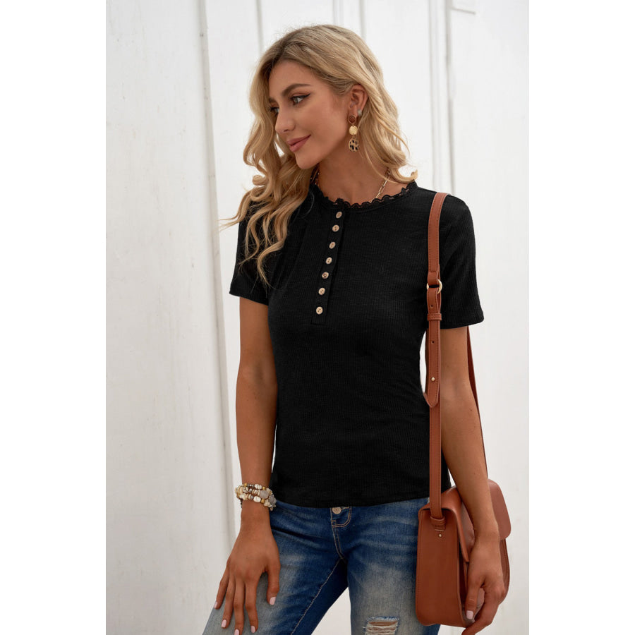 Half Button Short Sleeve Blouse Apparel and Accessories