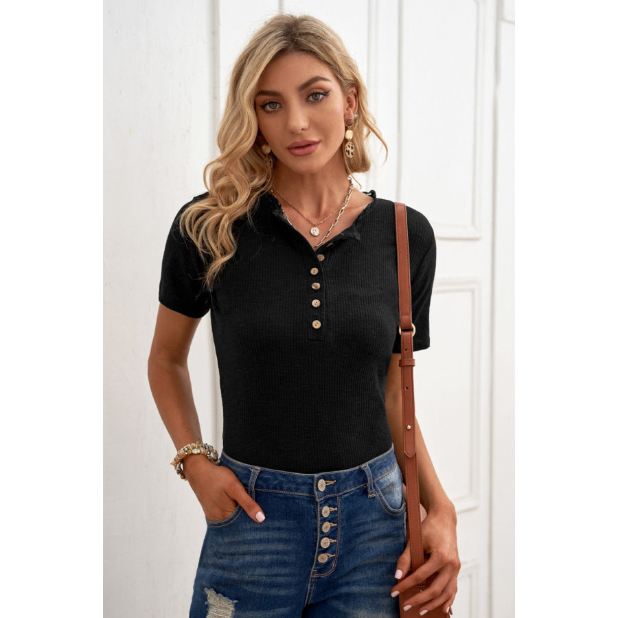 Half Button Short Sleeve Blouse Black / S Apparel and Accessories