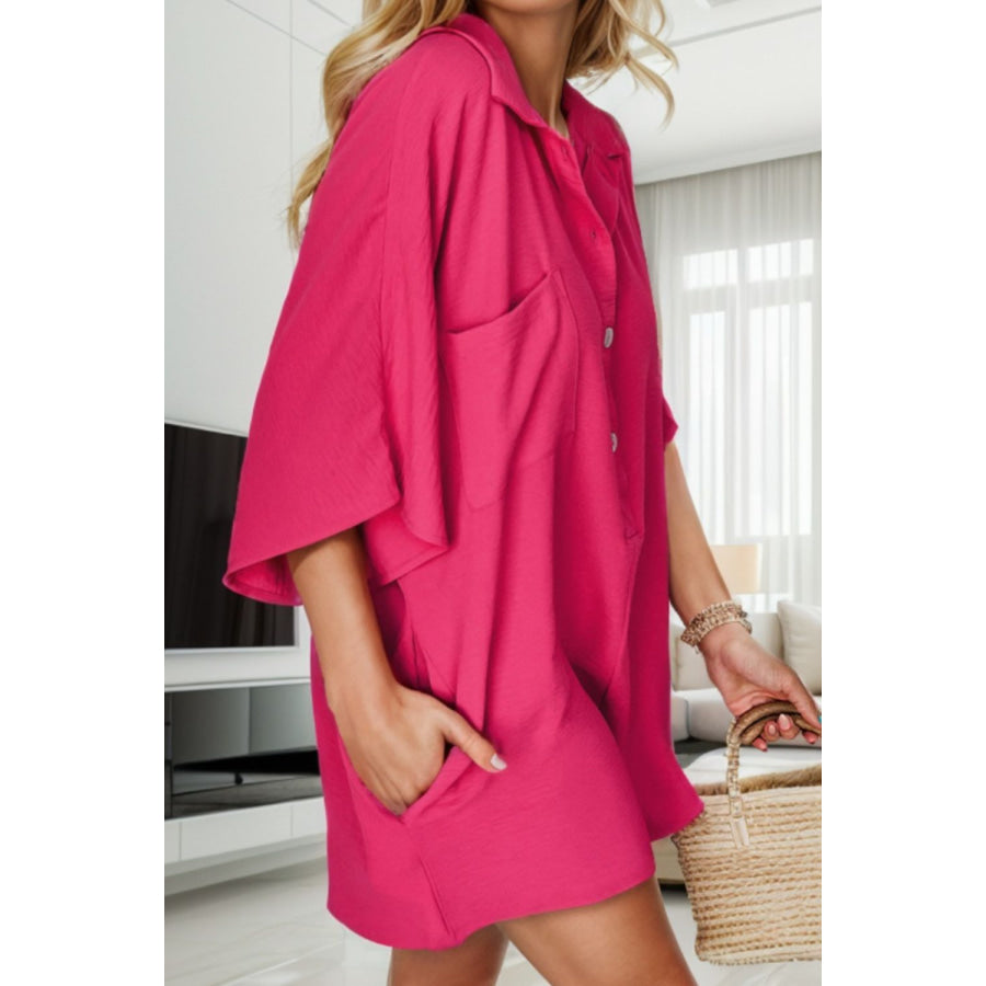 Half Button Short Sleeve Romper Hot Pink / S Apparel and Accessories