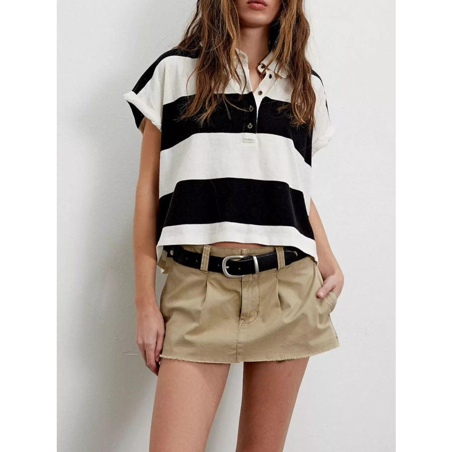 Half Button Striped Short Sleeve Cropped Polo Shirt Apparel and Accessories
