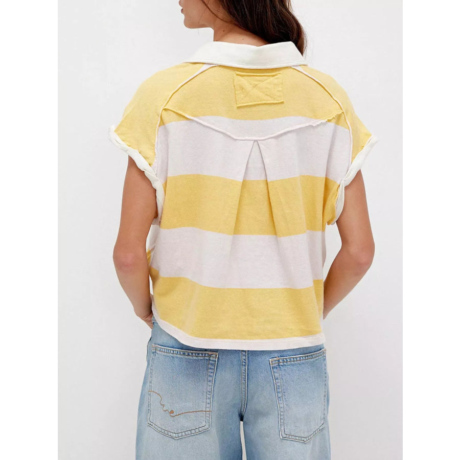 Half Button Striped Short Sleeve Cropped Polo Shirt Apparel and Accessories