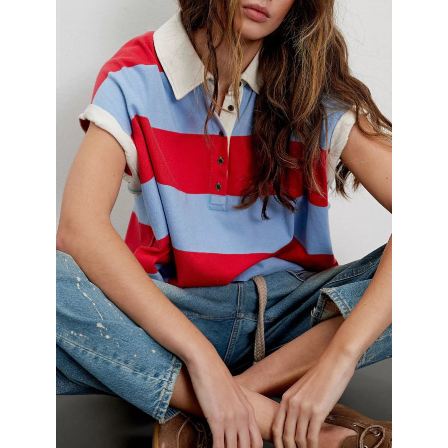 Half Button Striped Short Sleeve Cropped Polo Shirt Apparel and Accessories