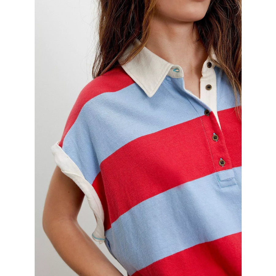 Half Button Striped Short Sleeve Cropped Polo Shirt Apparel and Accessories