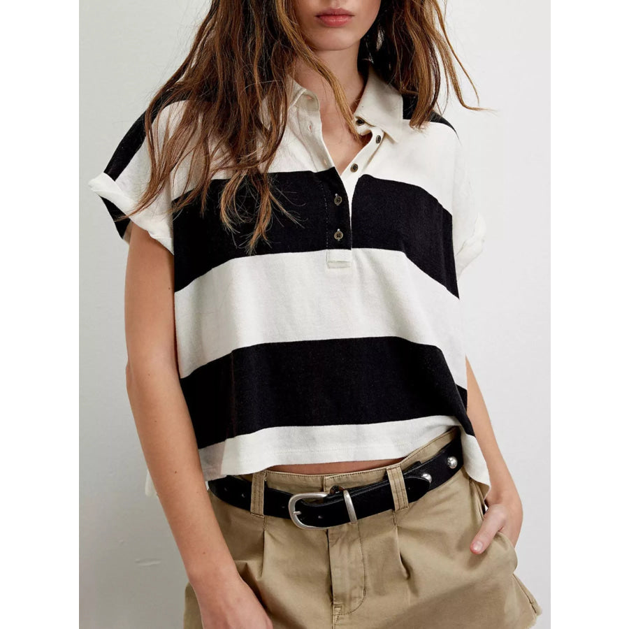Half Button Striped Short Sleeve Cropped Polo Shirt Apparel and Accessories