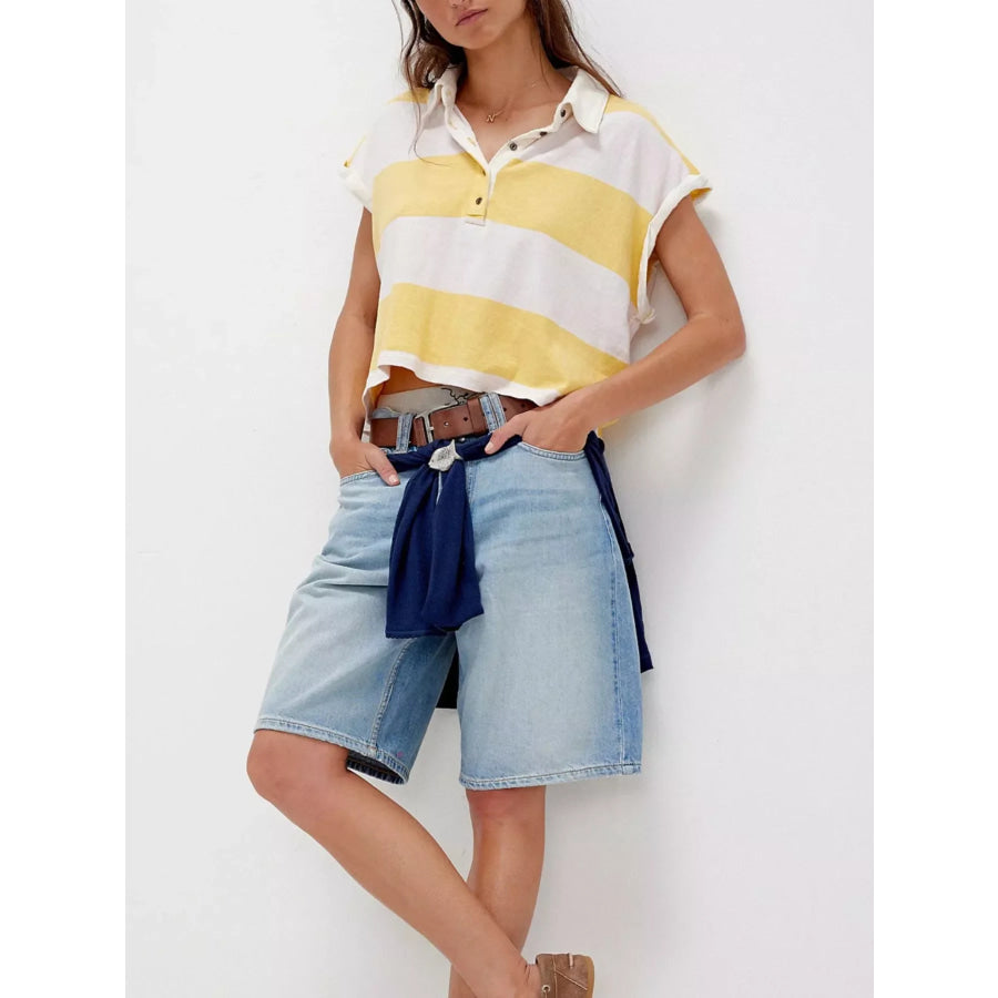 Half Button Striped Short Sleeve Cropped Polo Shirt Apparel and Accessories