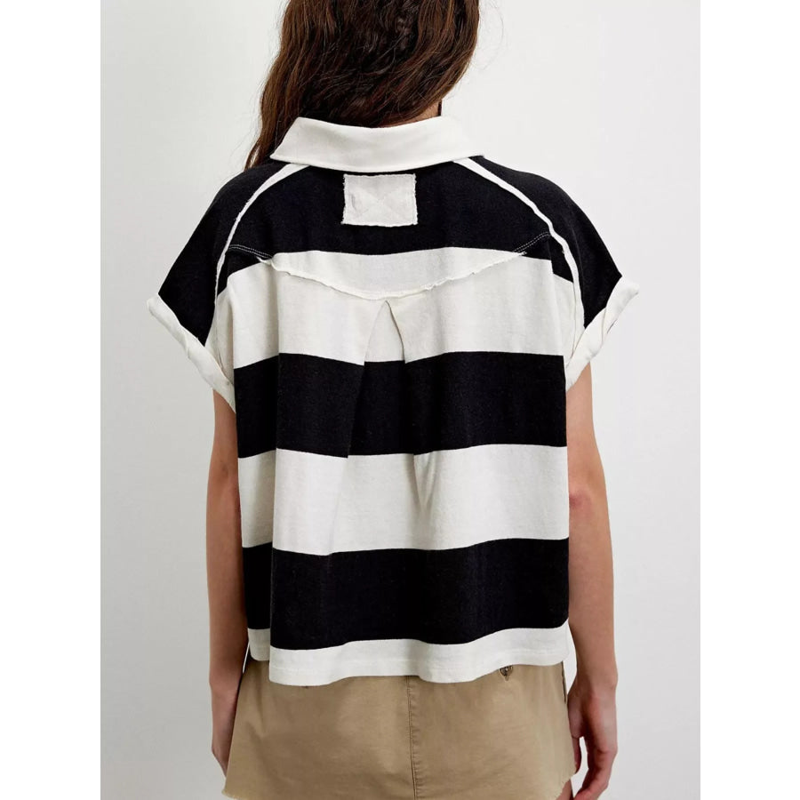 Half Button Striped Short Sleeve Cropped Polo Shirt Apparel and Accessories