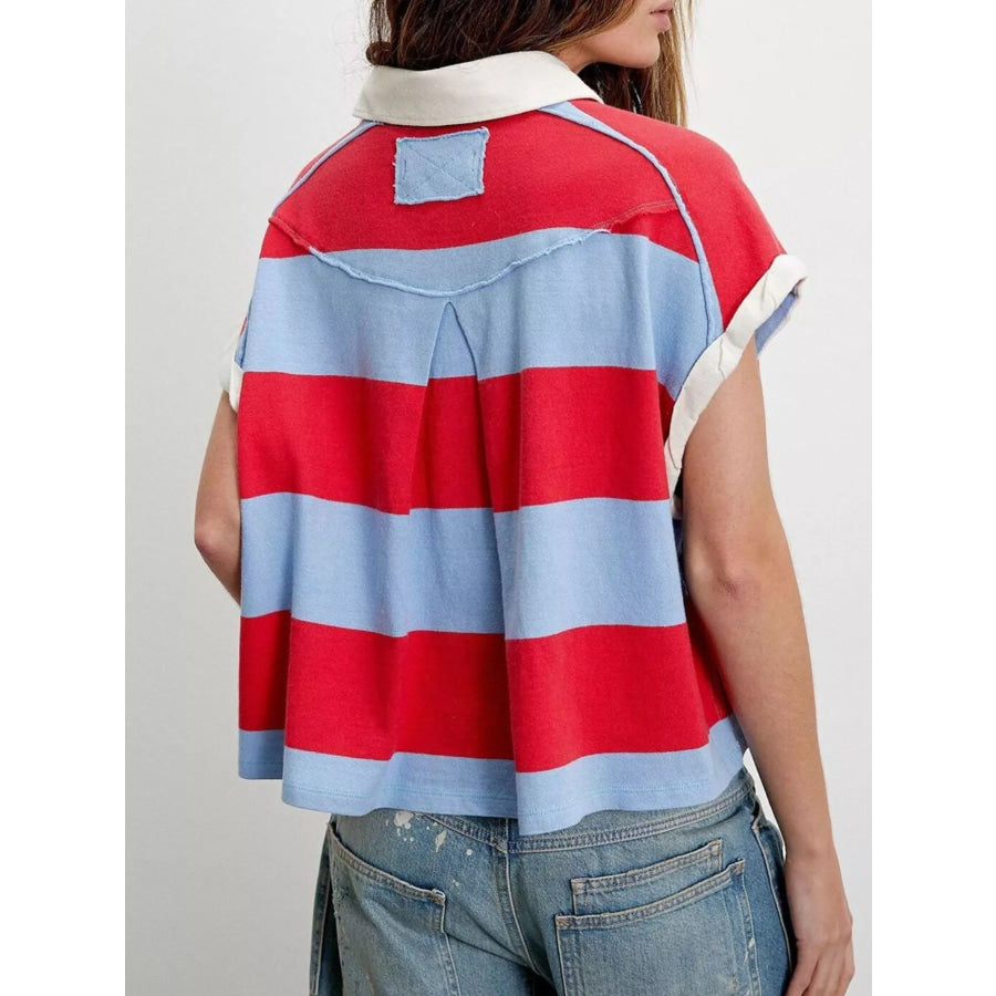 Half Button Striped Short Sleeve Cropped Polo Shirt Apparel and Accessories