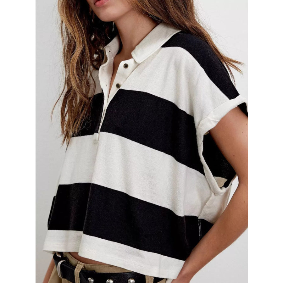Half Button Striped Short Sleeve Cropped Polo Shirt Black / S Apparel and Accessories