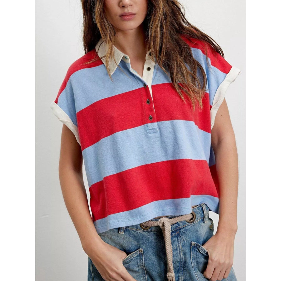 Half Button Striped Short Sleeve Cropped Polo Shirt Deep Red / S Apparel and Accessories