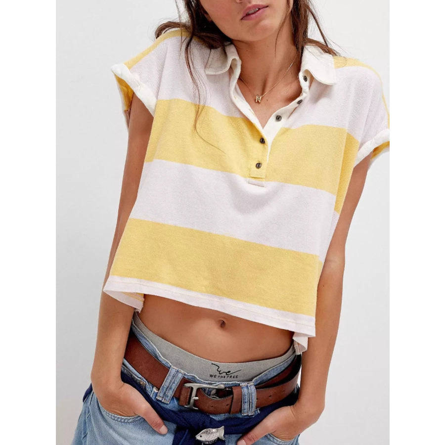 Half Button Striped Short Sleeve Cropped Polo Shirt Pastel Yellow / S Apparel and Accessories