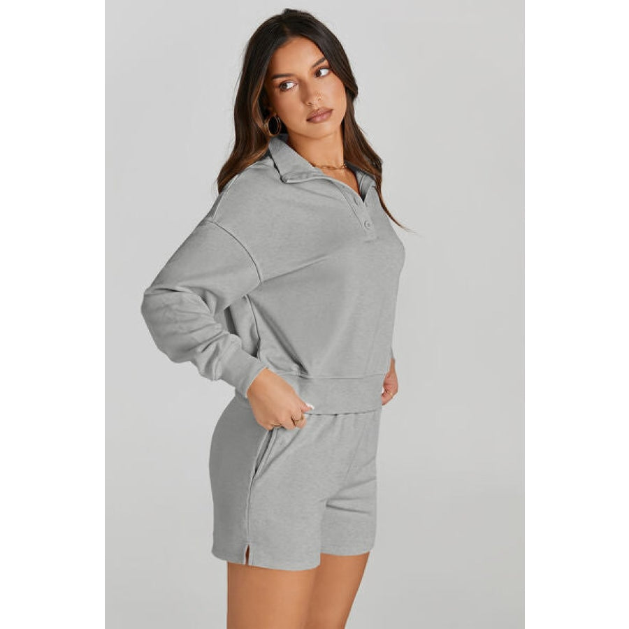 Half Button Sweatshirt and Shorts Active Set Clothing