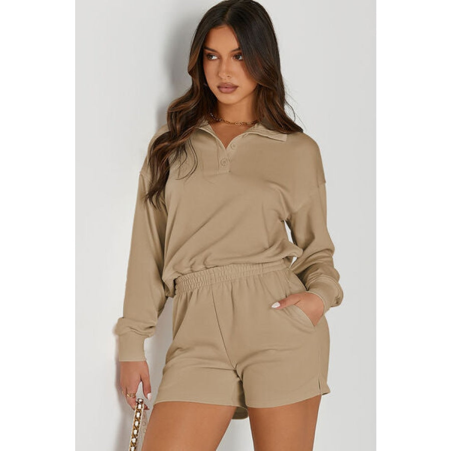 Half Button Sweatshirt and Shorts Active Set Clothing