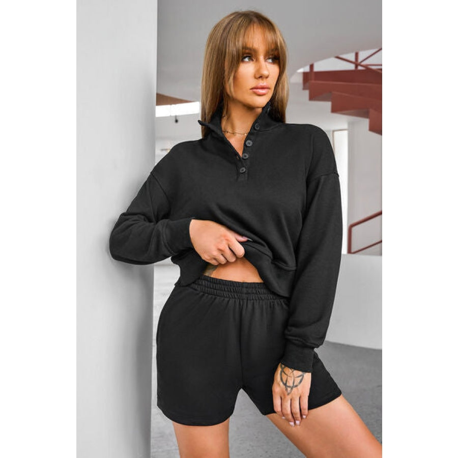 Half Button Sweatshirt and Shorts Active Set Clothing