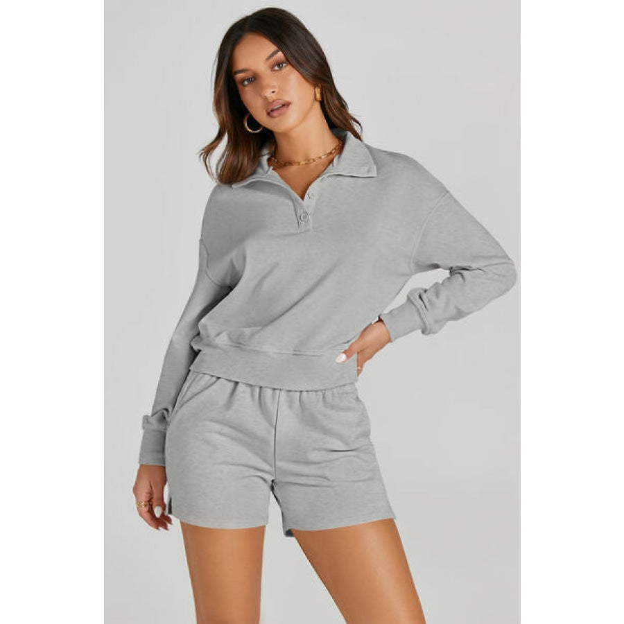 Half Button Sweatshirt and Shorts Active Set Clothing