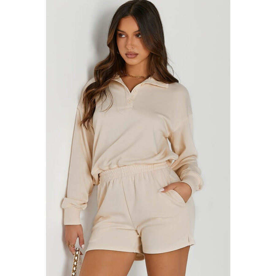 Half Button Sweatshirt and Shorts Active Set Clothing